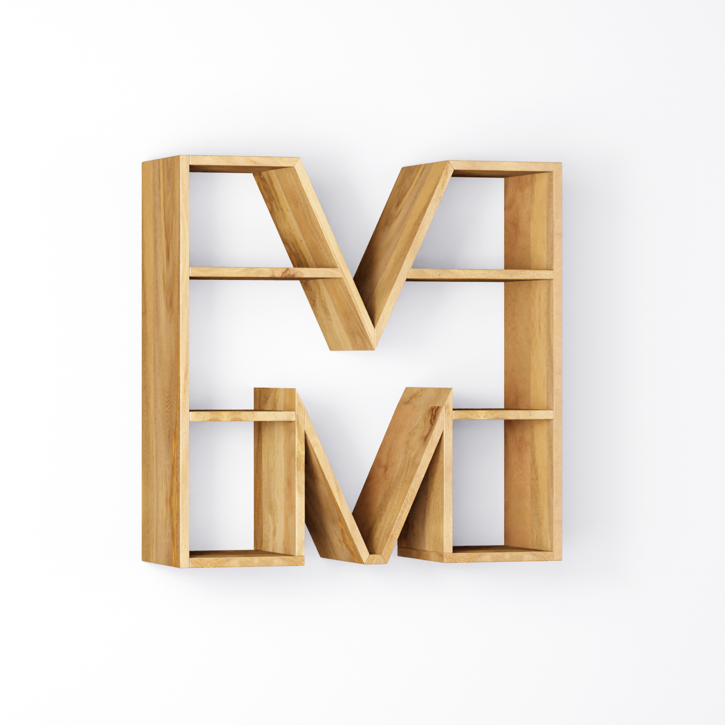 Bookshelf Alphabet "M" In Mango Wood Natural Polish Shade For  Books & Decor