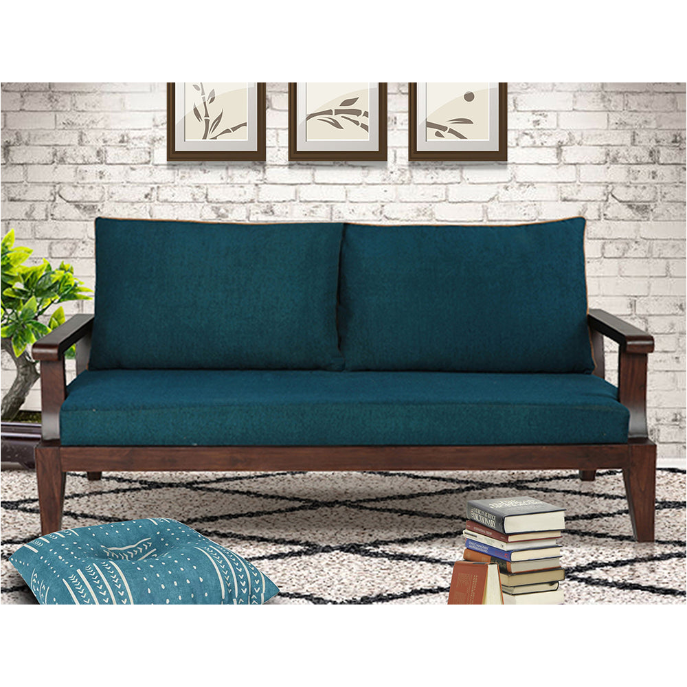 Ohio - Teak Wood 3 Seater Sofa In Blue Upholstered Fabric - Blue