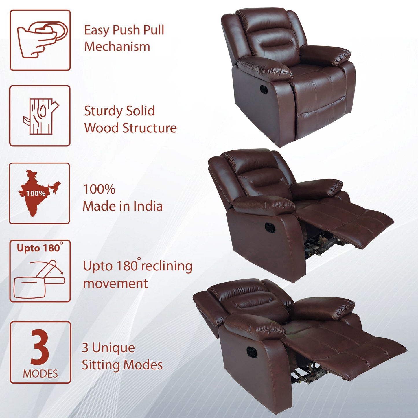 Wilson Leatherette 1 Seater Recliner With Pullout Lever - Brown