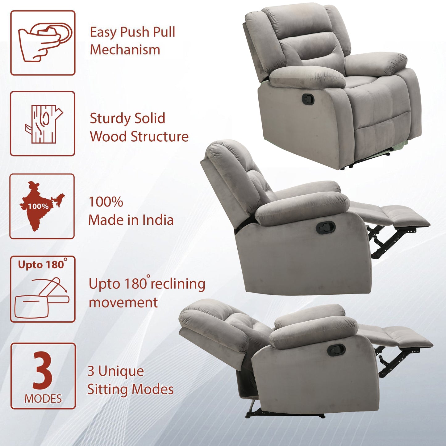 Wilson Leatherette 1 Seater Recliner With Pullout Lever - Grey