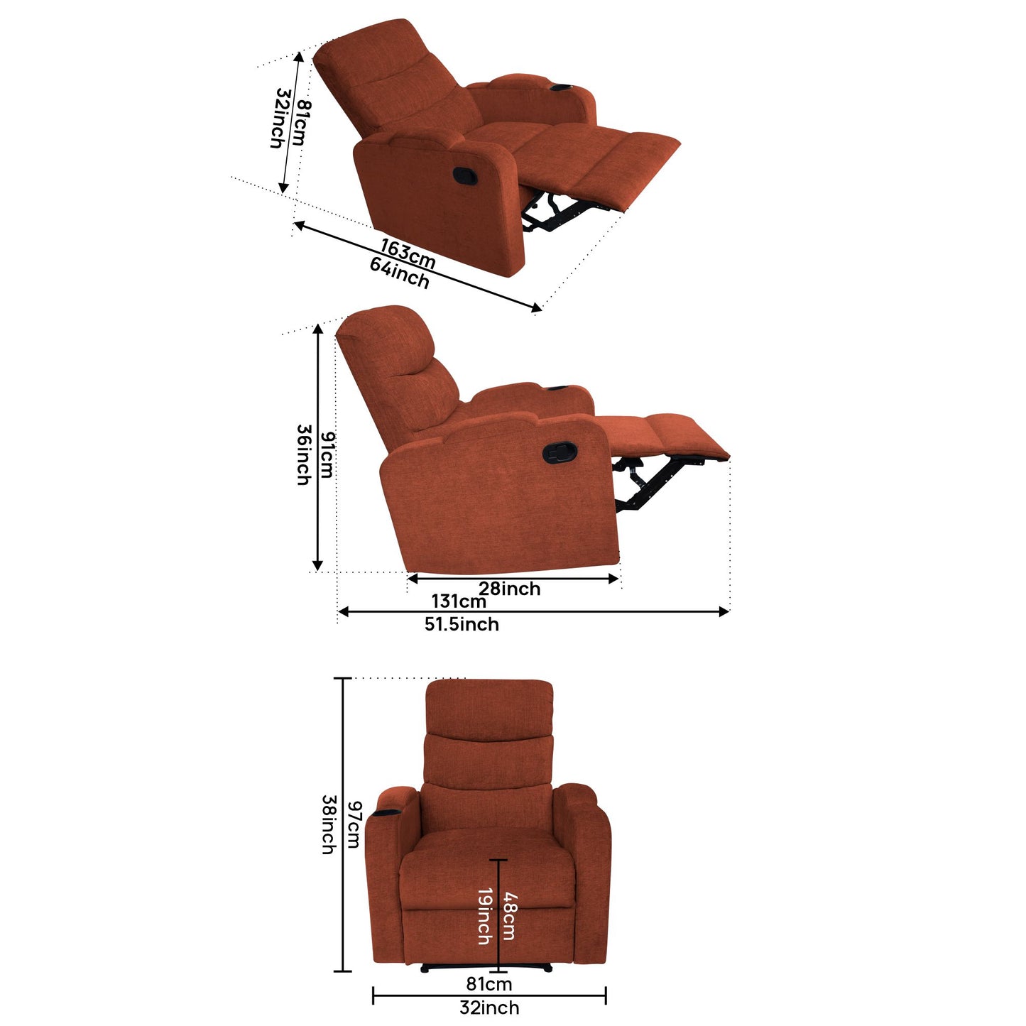 Louis Fabric 1 Seater Recliner With Pullout Lever - Rust