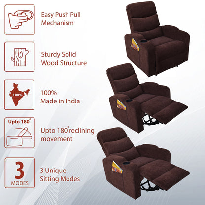 Louis Fabric 1 Seater Recliner With Pullout Lever - Coffee