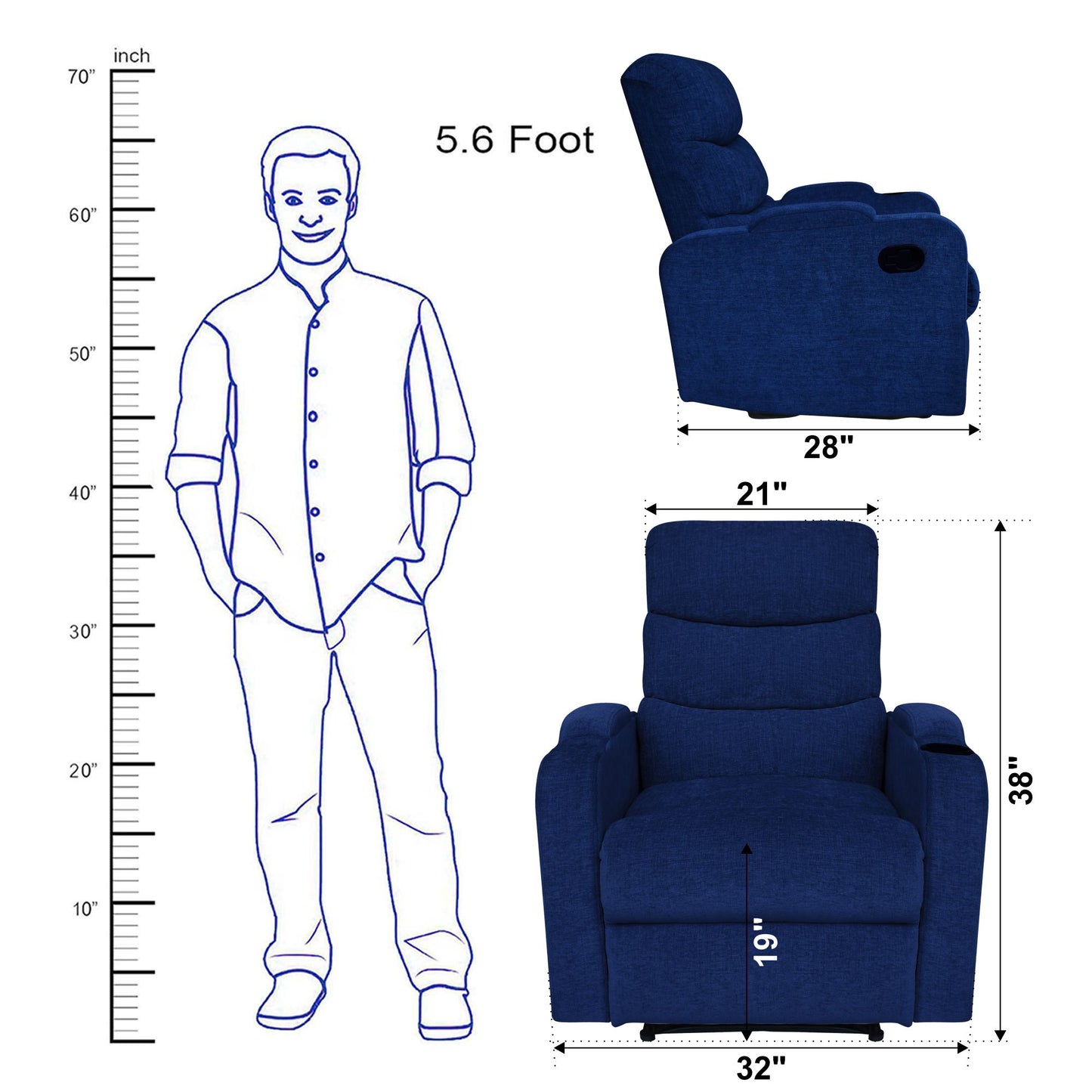 Louis Fabric 1 Seater Recliner With Pullout Lever - Blue