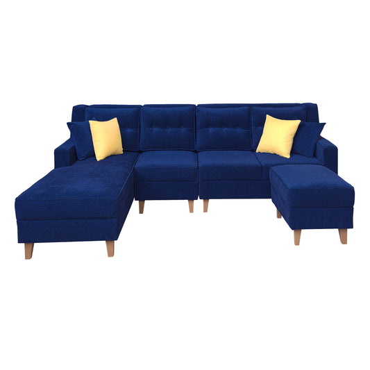 Santafee Fabric 6 Seater Corner Sofa With Ottoman - Blue