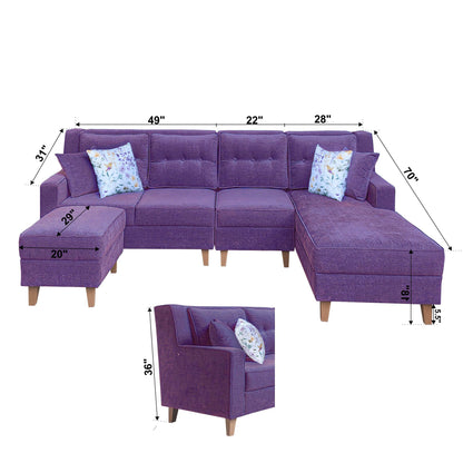 Santafee Fabric 6 Seater Corner Sofa With Ottoman - Purple