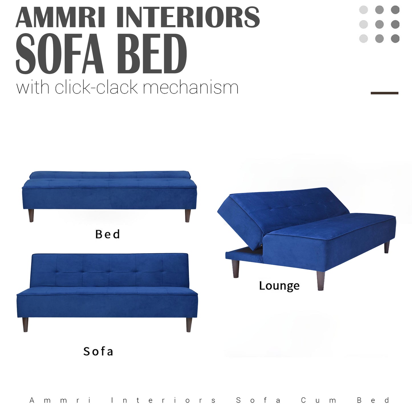 Camron Fully Upholstered 3 Seater Single Sofa Cum Bed - Blue