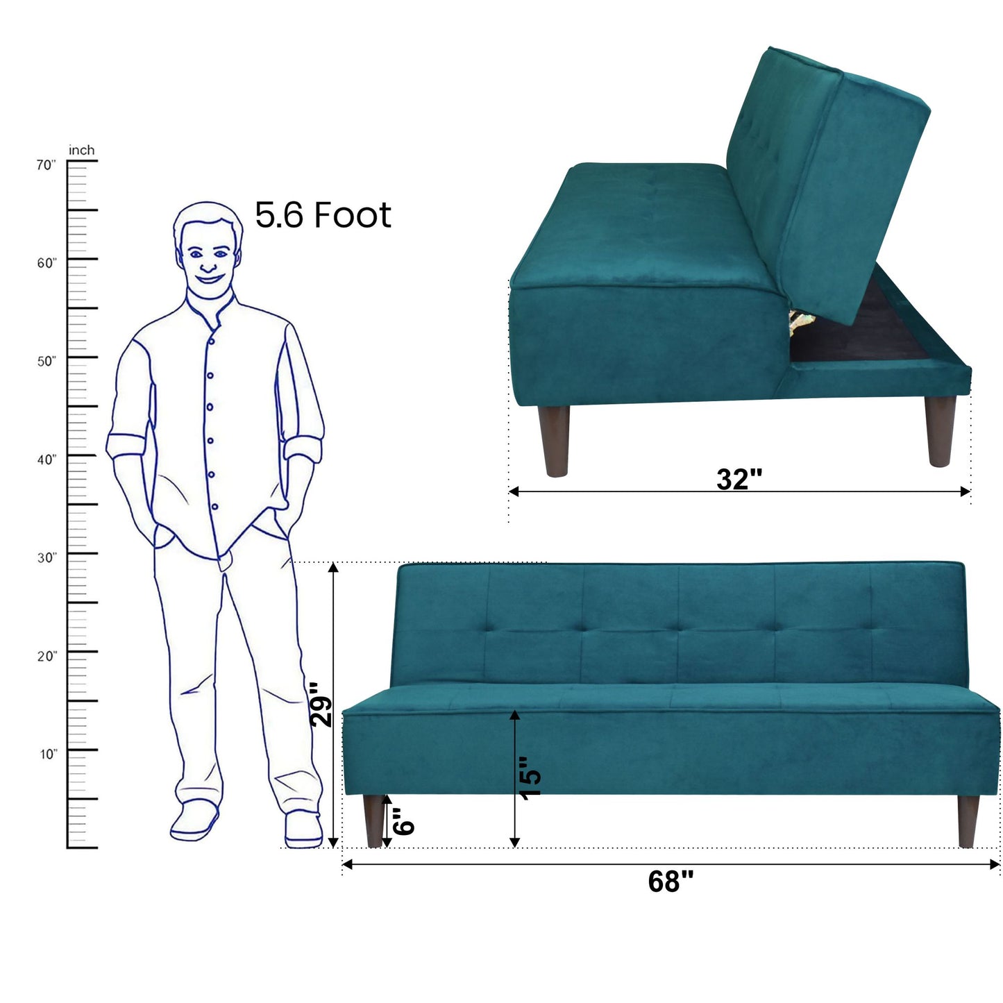 Camron Fully Upholstered 3 Seater Single Sofa Cum Bed - Green