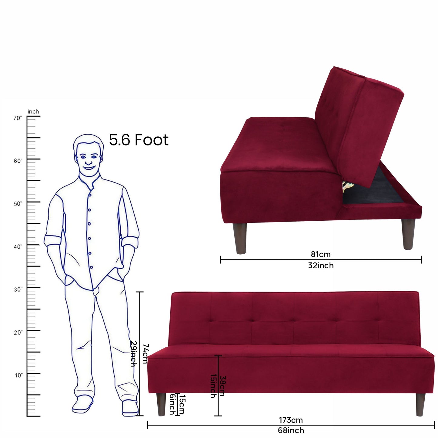 Camron Fully Upholstered 3 Seater Single Sofa Cum Bed - Maroon