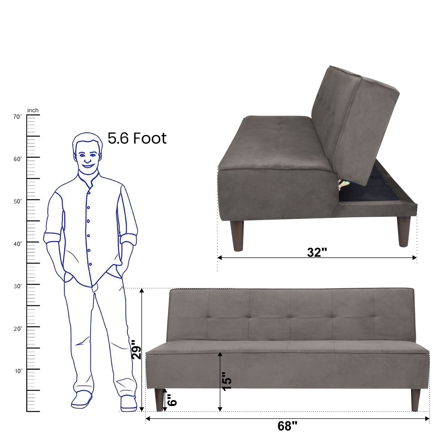 Camron Fully Upholstered 3 Seater Single Sofa Cum Bed - Grey