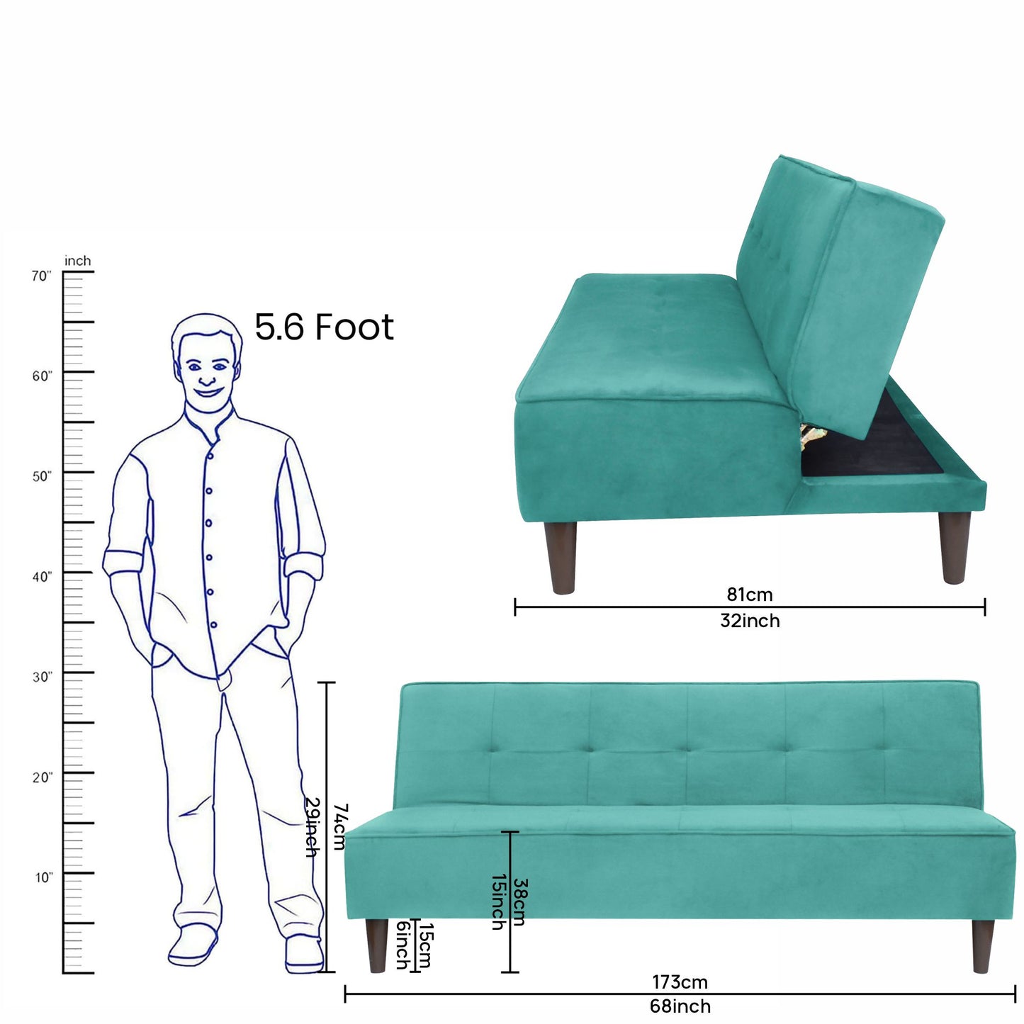 Camron Fully Upholstered 3 Seater Single Sofa Cum Bed - Sea Green