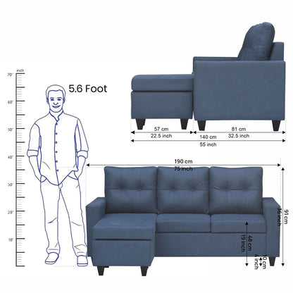 Tayson Suede Fabric 2 Seater + Lounger Corner Sofa - Blue