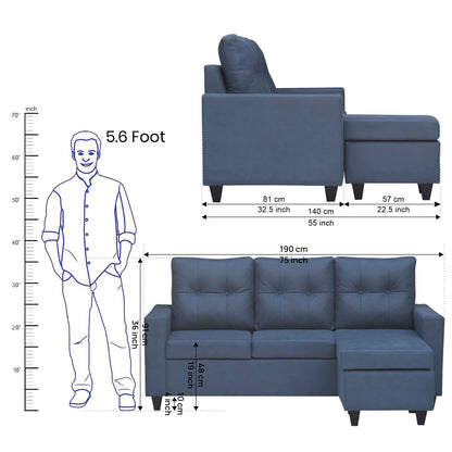 Tayson Suede Fabric 2 Seater + Lounger Corner Sofa - Blue