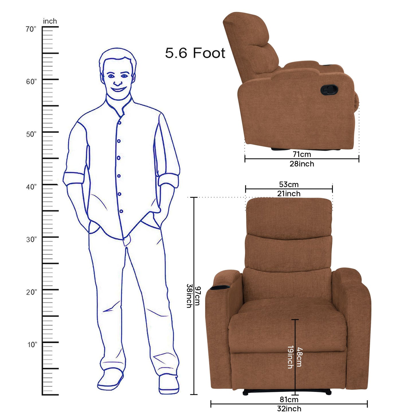 Louis Fabric 1 Seater Recliner With Pullout Lever - Brown