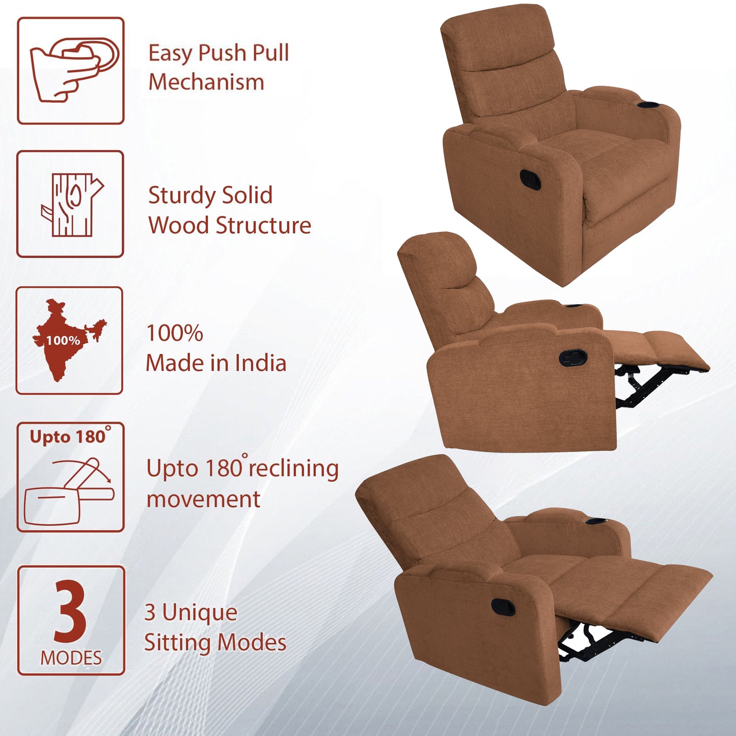 Louis Fabric 1 Seater Recliner With Pullout Lever - Brown