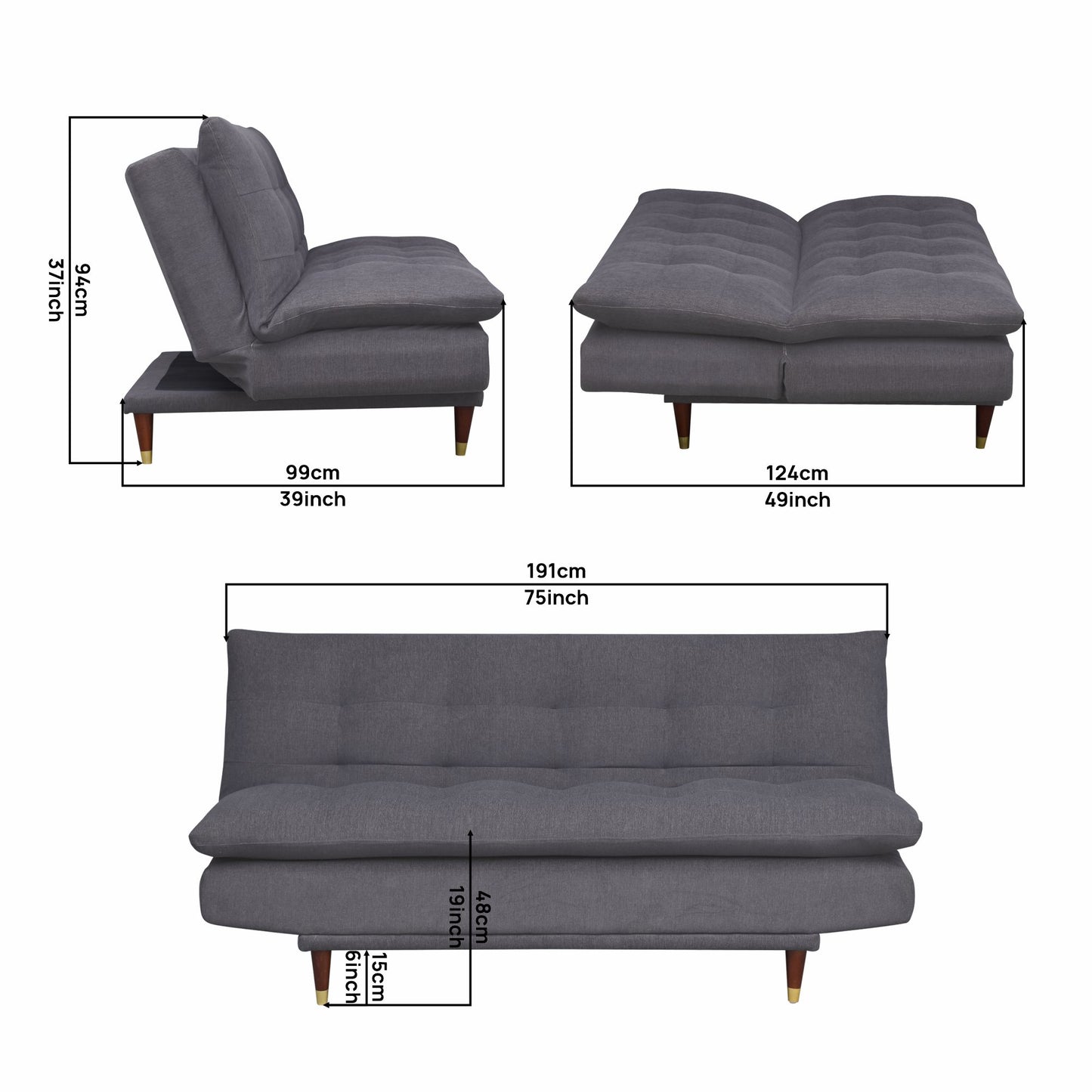 Quinn 3 Seater Sofa cum Bed- Grey