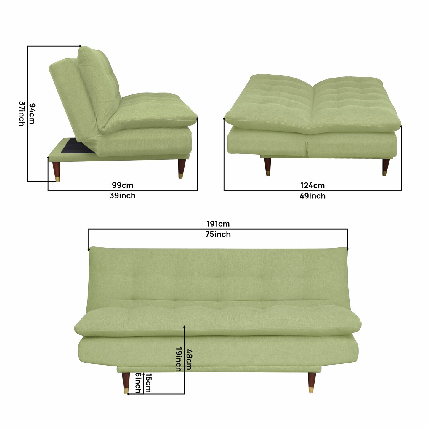 Quinn 3 Seater Sofa cum Bed- Light Green