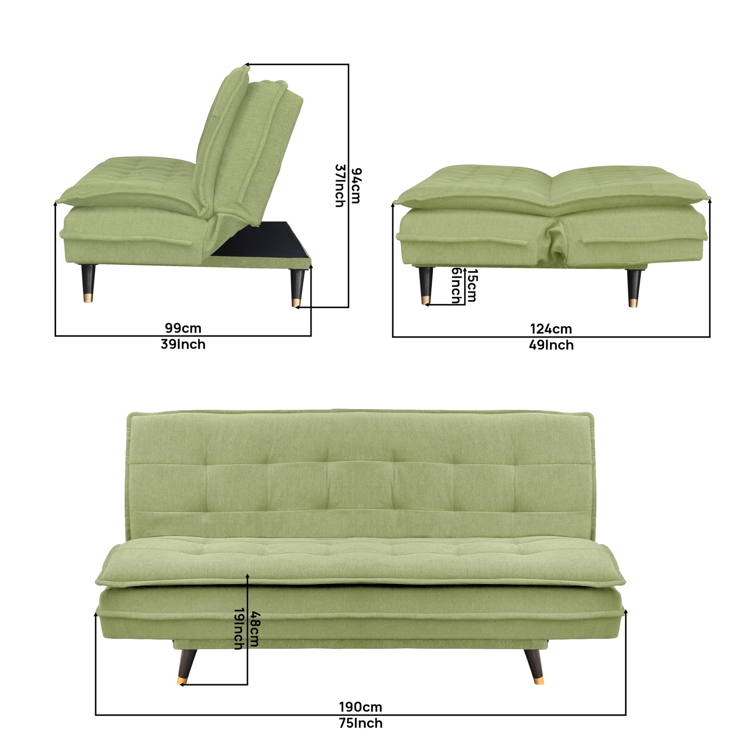 Ashbel 3 Seater Sofa Cum Bed- Light Green