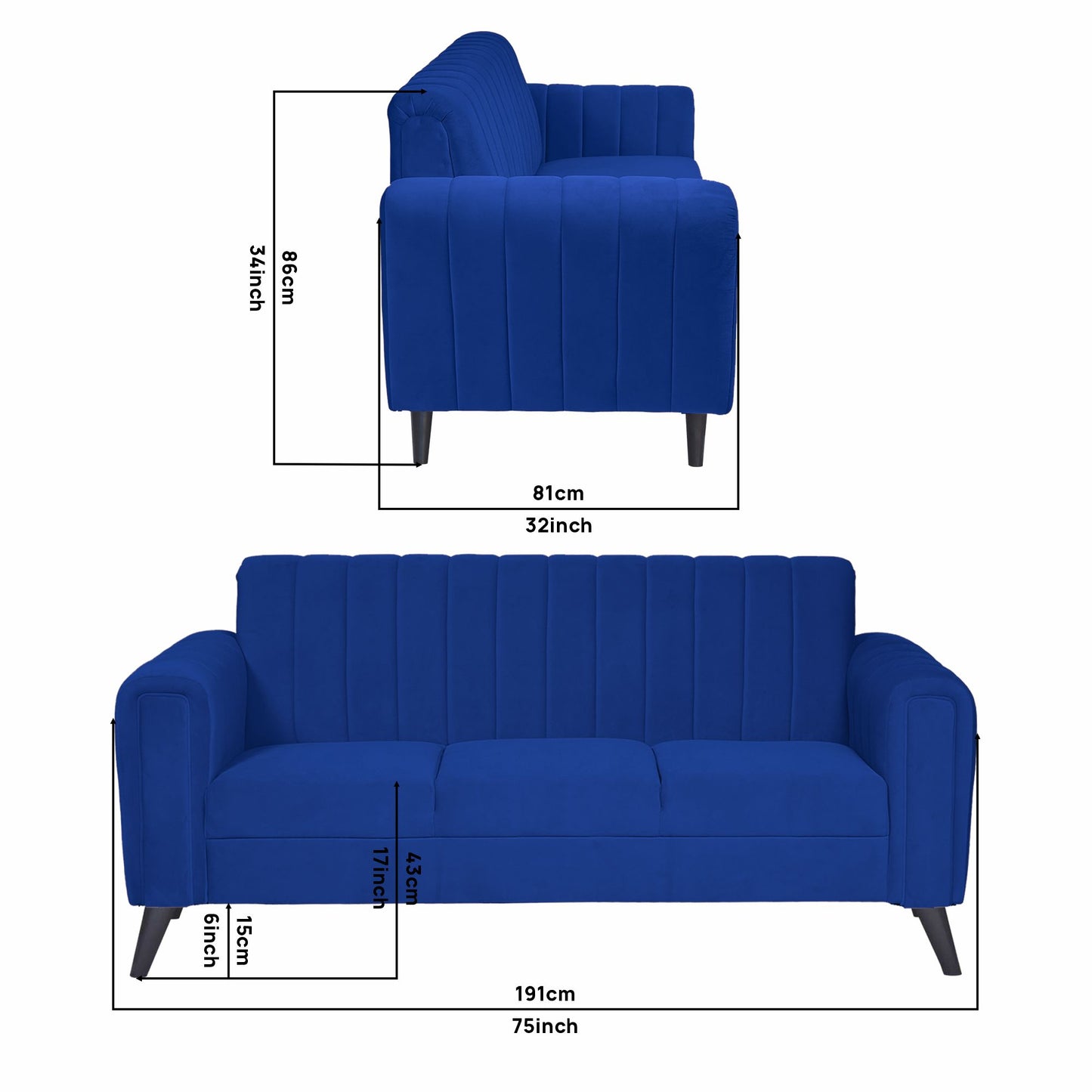 Mabel Three Seater Quilted Back Sofa Fabric 3 Seater Sofa - Blue