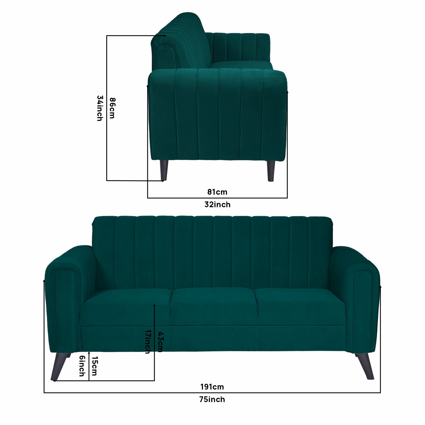 Mabel Three Seater Quilted Back Sofa Fabric 3 Seater Sofa - Green