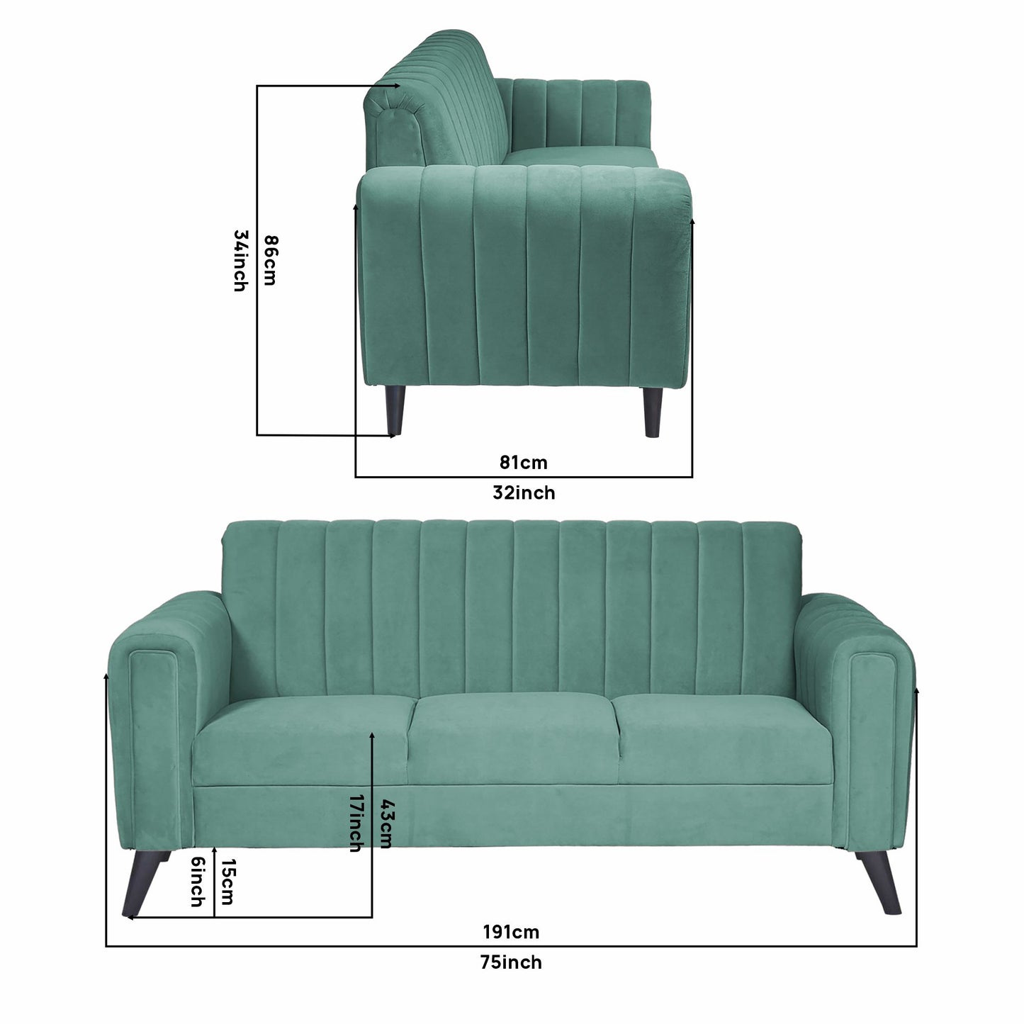 Mabel Three Seater Quilted Back Sofa Fabric 3 Seater Sofa - Sea Green