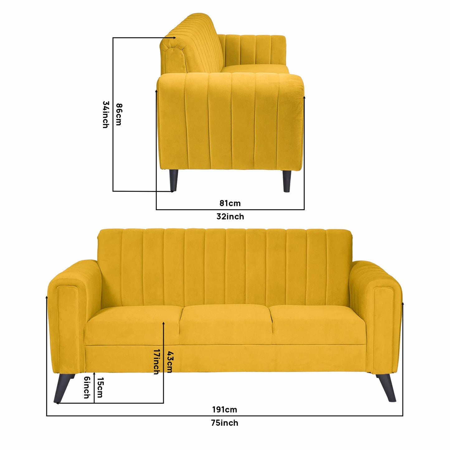 Mabel Three Seater Quilted Back Sofa Fabric 3 Seater Sofa - Yellow