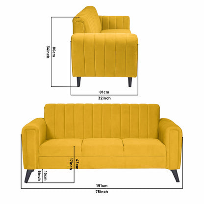 Mabel Three Seater Quilted Back Sofa Fabric 3 Seater Sofa - Yellow