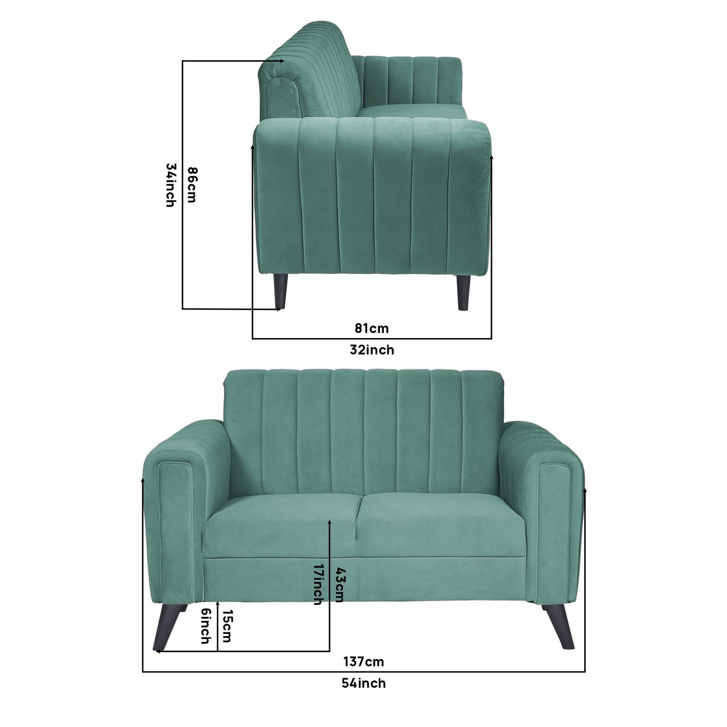 Mabel Two Seater Quilted Back Sofa Fabric 2 Seater Sofa - Sea Green