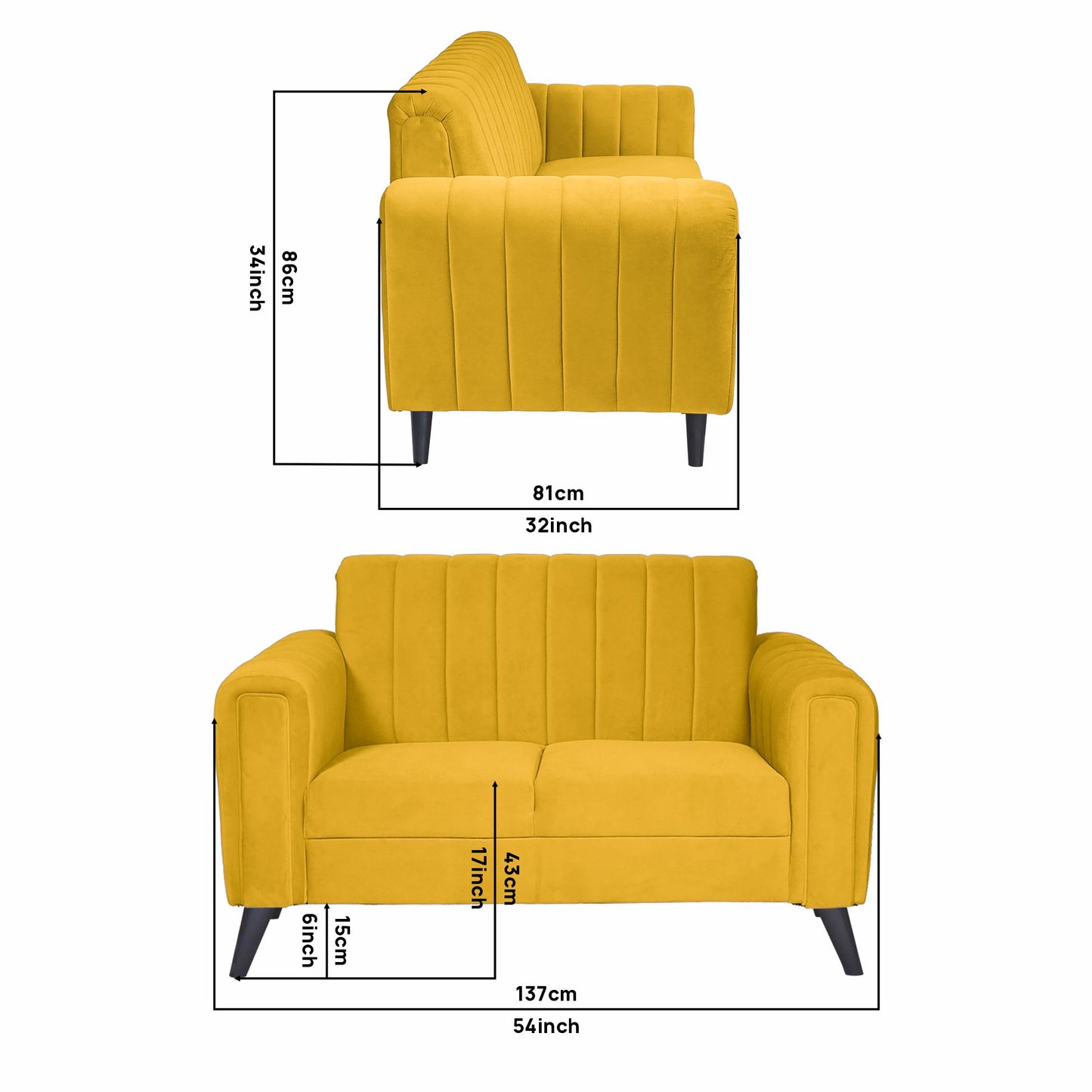 Mabel Two Seater Quilted Back Sofa Fabric 2 Seater Sofa - Yellow