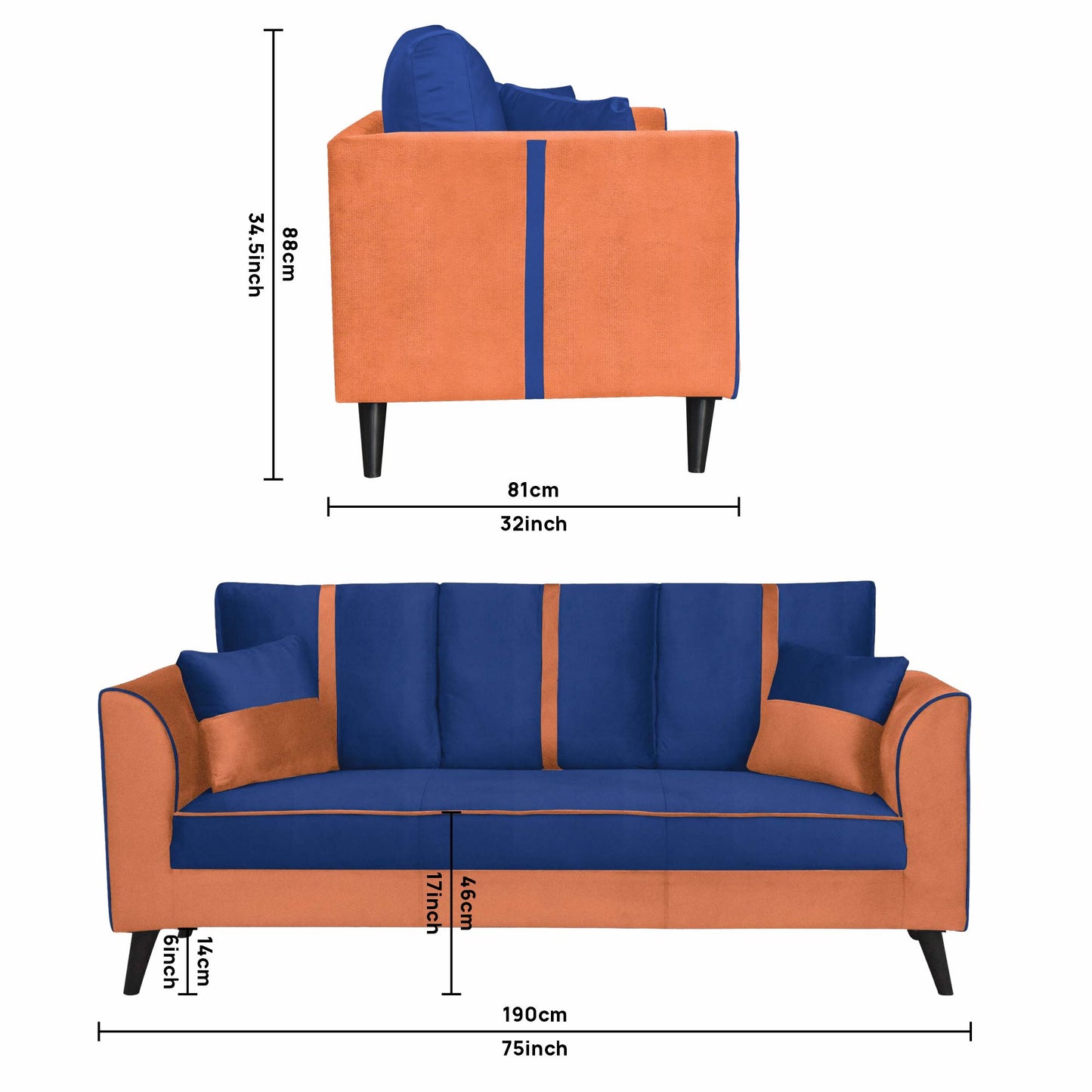 Mason Cushion Back Fabric Sofa - Orange & Blue