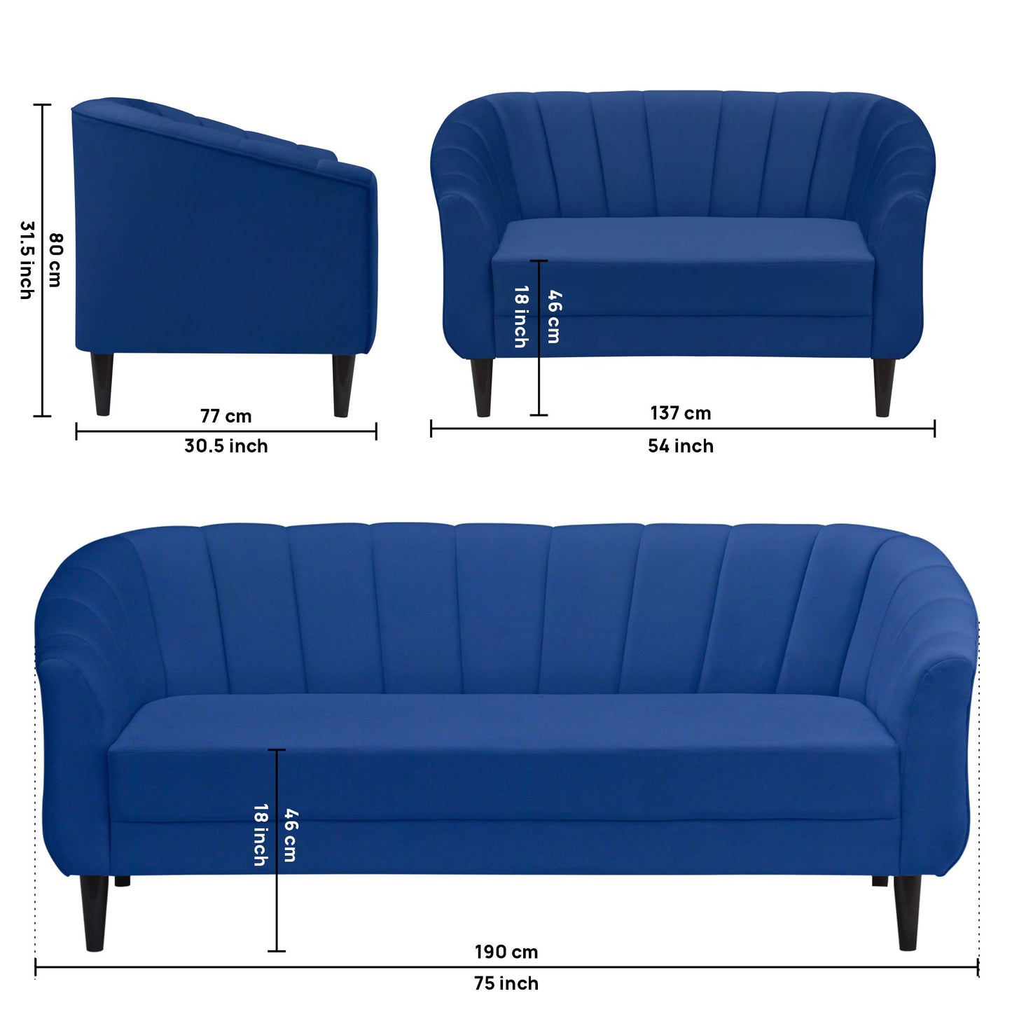 Persia Quilted Back 3+2 Seater Fabric Sofa Set - Blue