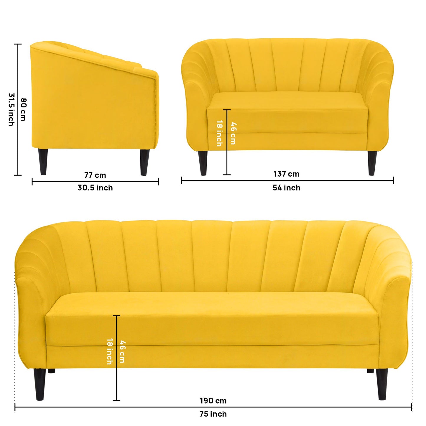 Persia Quilted Back 3+2 Seater FabricSofa Set - Yellow