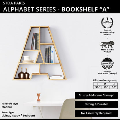 Bookshelf Alphabet "A" In Mango Wood Natural Polish Shade For  Books & Decor