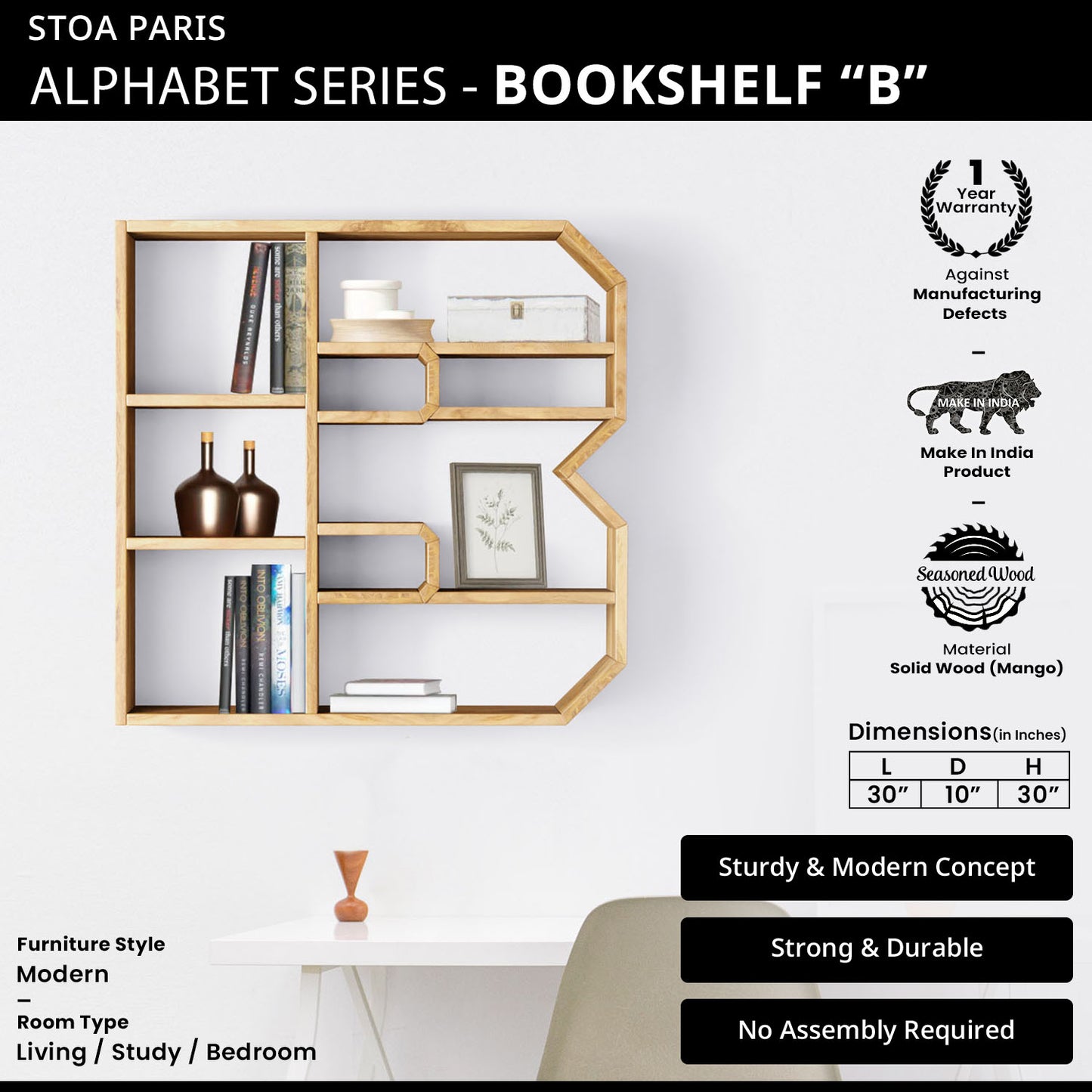 Bookshelf Alphabet "B" In Mango Wood Natural Polish Shade For  Books & Decor