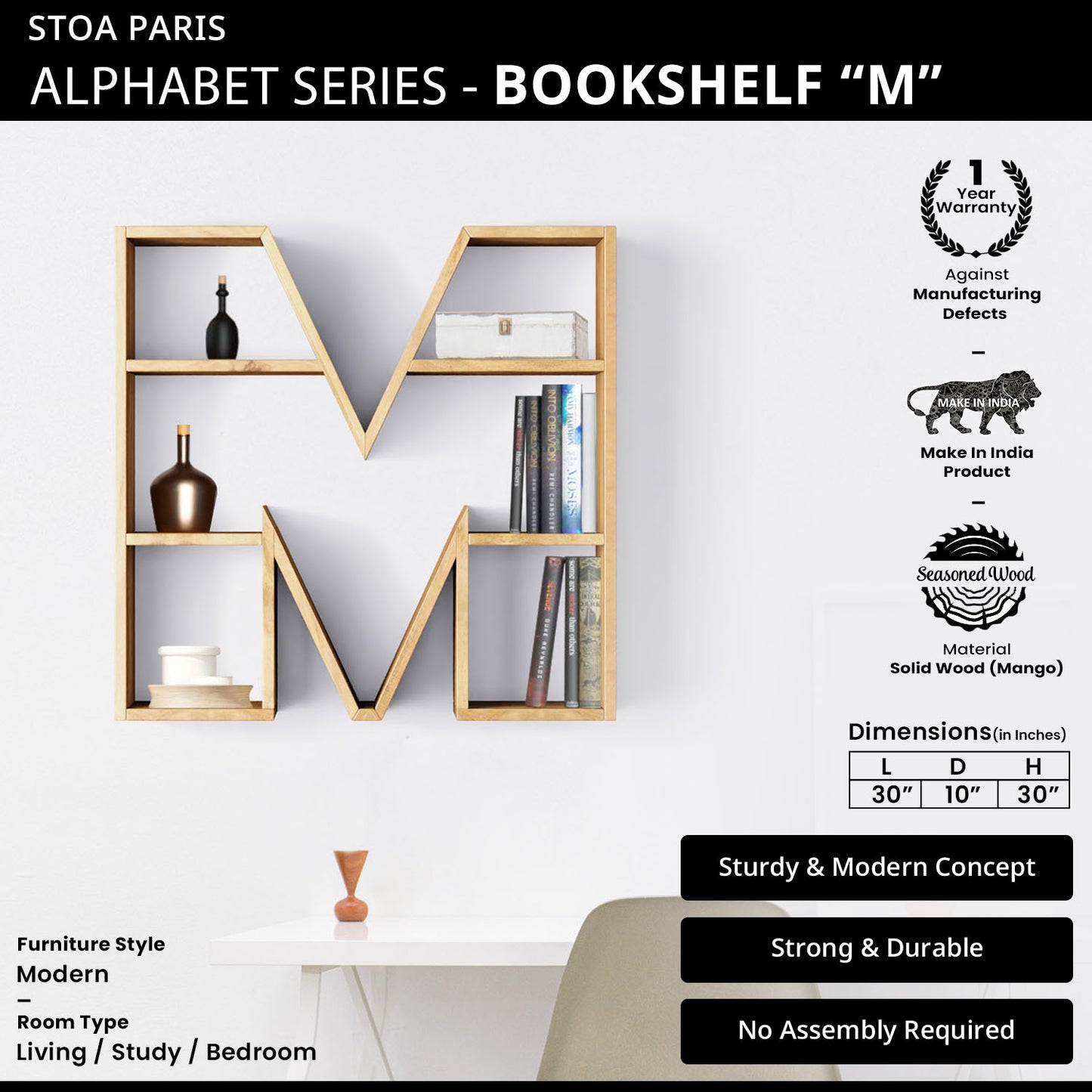 Bookshelf Alphabet "M" In Mango Wood Natural Polish Shade For  Books & Decor