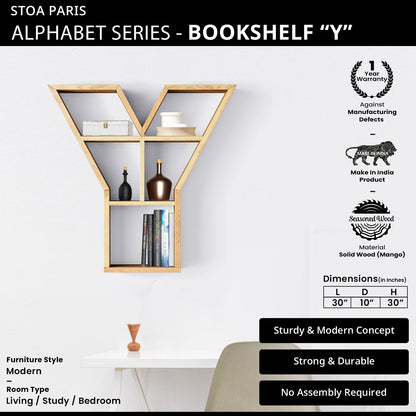 Bookshelf Alphabet "Y" In Mango Wood Natural Polish Shade For  Books & Decor