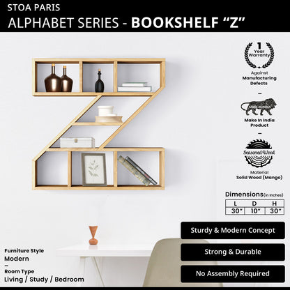 Bookshelf Alphabet "Z" In Mango Wood Natural Polish Shade For  Books & Decor