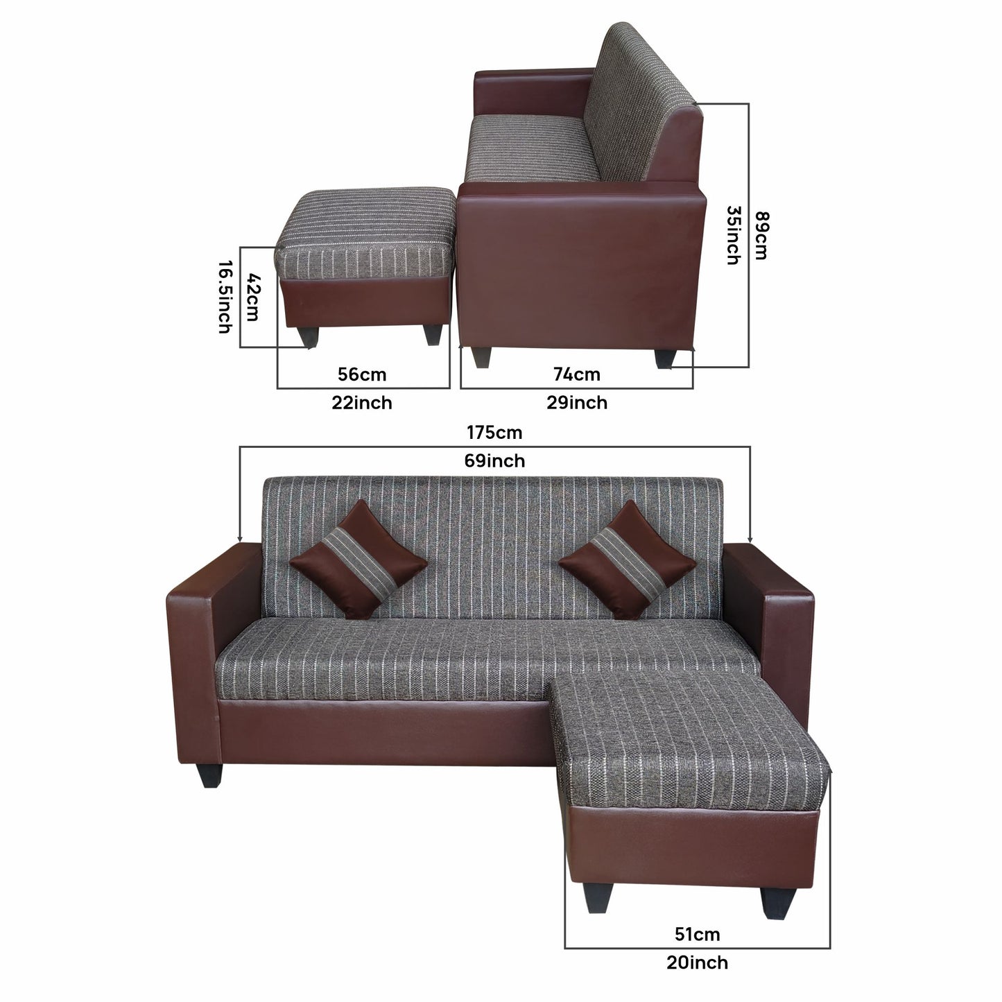 Cornelia Fabric 4 Seater (3 Seater + Ottoman) Sofa - Brown