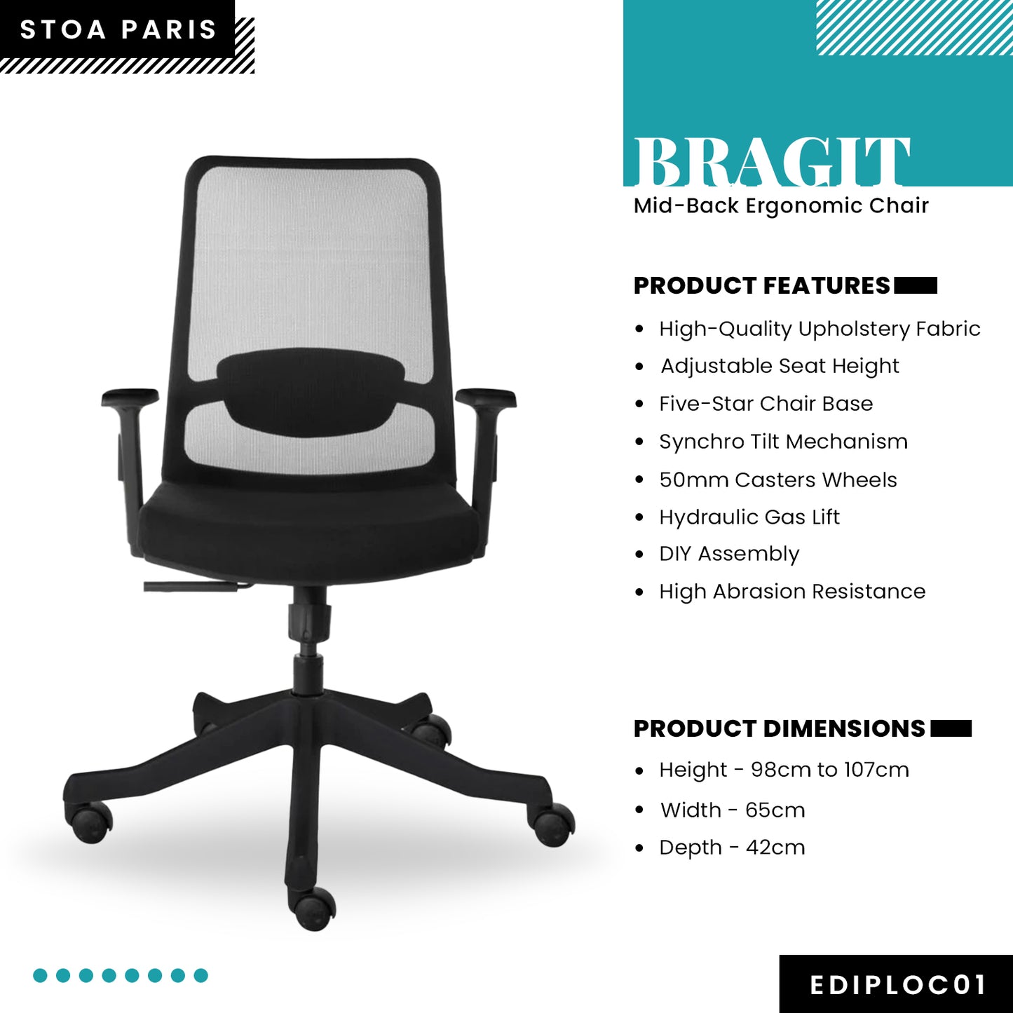 Bragit - Mid-Back Ergonomic Chair/Study Chair/Revolving Chair/Computer Chair for Work from Home & Office - Black