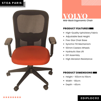 Volvo - Mid-Back Ergonomic Chair/Study Chair/Revolving Chair/Computer Chair for Work from Home & Office - Black N Orange