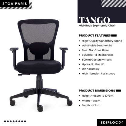 Tango - Mid-Back Ergonomic Chair/Study Chair/Revolving Chair/Computer Chair for Work from Home & Office - Black