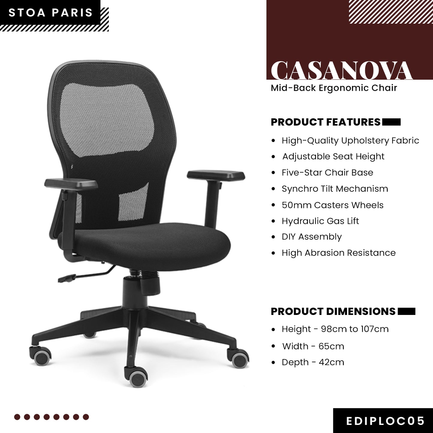 Casanova - Mid-Back Ergonomic Chair/Study Chair/Revolving Chair/Computer Chair for Work from Home & Office - Black