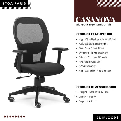 Casanova - Mid-Back Ergonomic Chair/Study Chair/Revolving Chair/Computer Chair for Work from Home & Office - Black