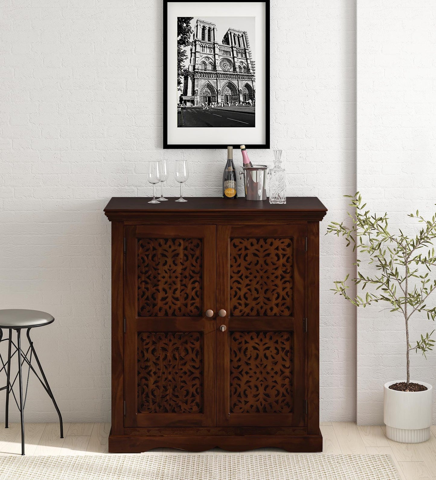 Solid Sheesham Wood Bar Cabinet In Teak Finish