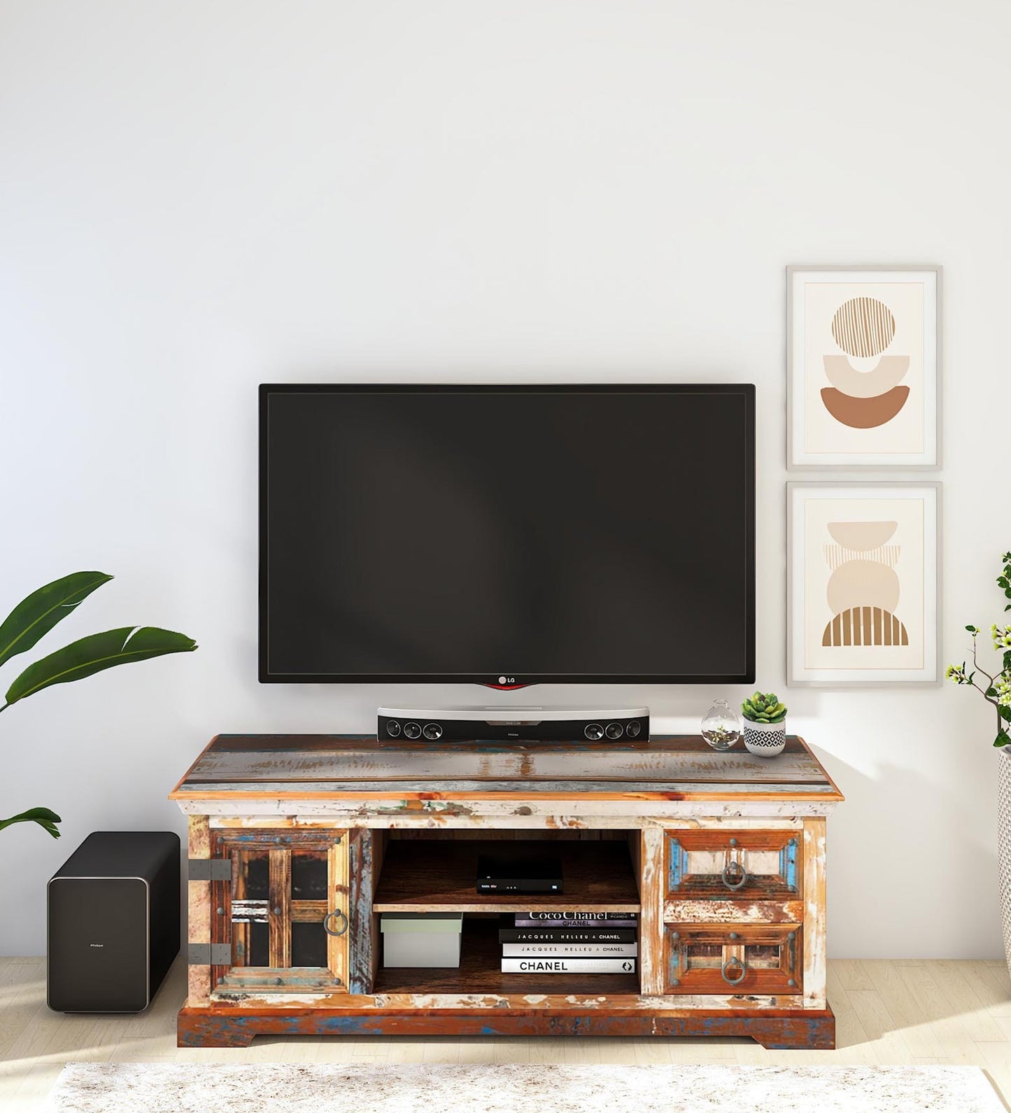 Harp - Reclaimed Wood TV Console In Distress Finish With Multiple Storage Spaces