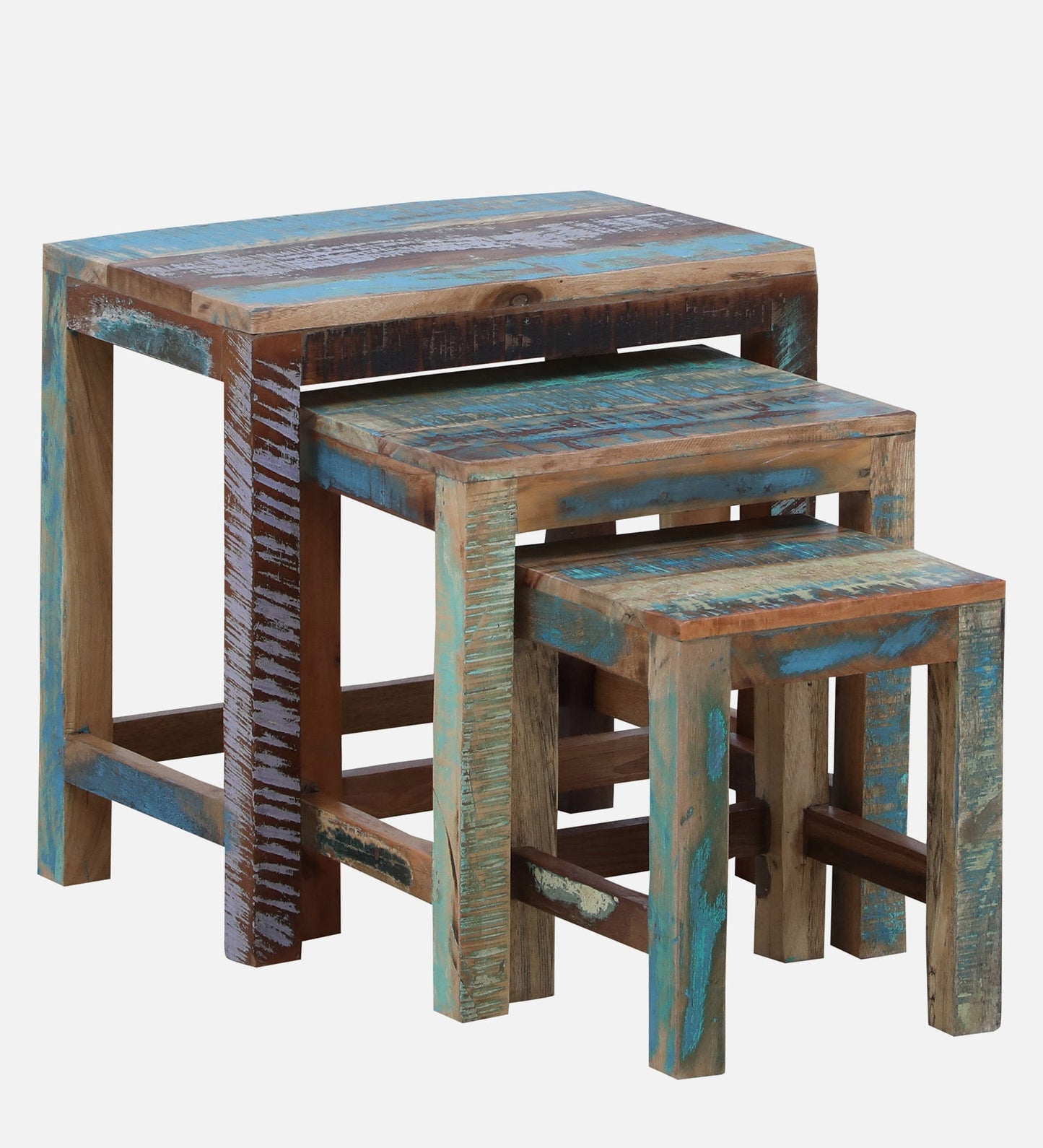 Cart - Solid Wood Nest Of Tables In Distress Polish Shade