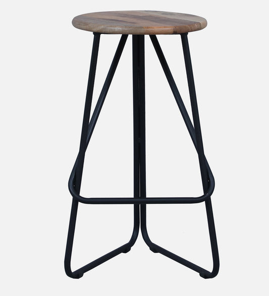 Metal Bar Stool In Black Color Base Frame & Solid Wooden Seat In Natural Polish Finish