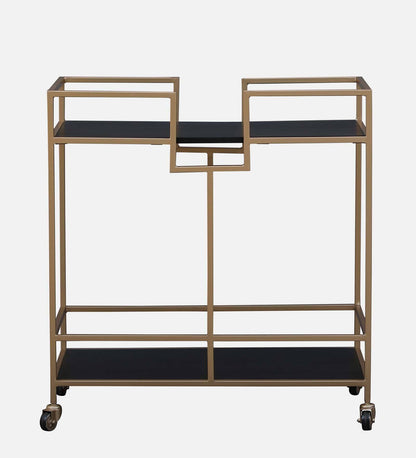 Metal & Solid Wood Bar Trolley In Black & Golden Finish