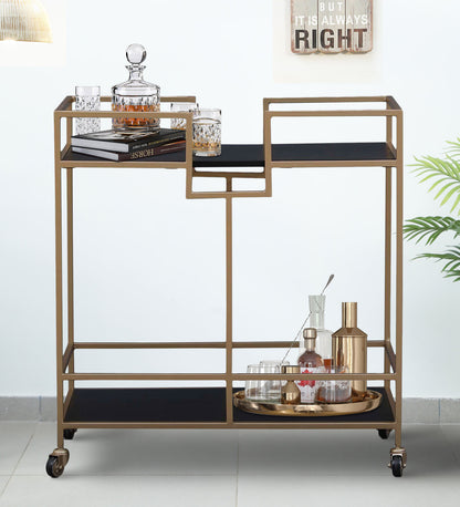 Metal & Solid Wood Bar Trolley In Black & Golden Finish