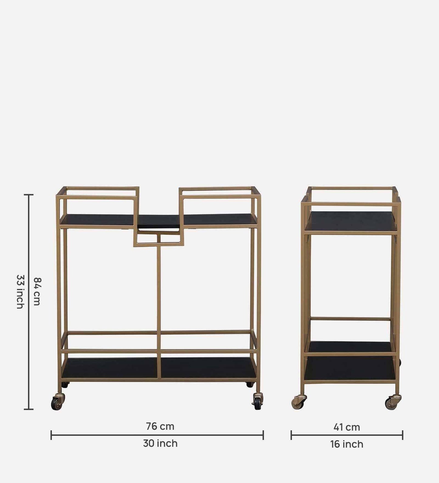 Metal & Solid Wood Bar Trolley In Black & Golden Finish