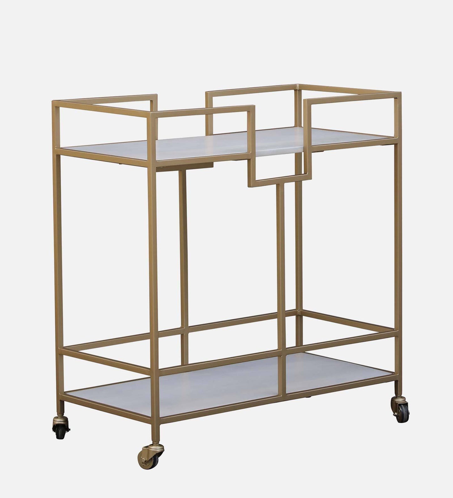 Supreme Metal & Solid Wood Bar Trolley In White And Golden Finish